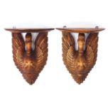 Pair of carved lightwood swan design wall brackets, each 44.5cm high : For Further Condition Reports