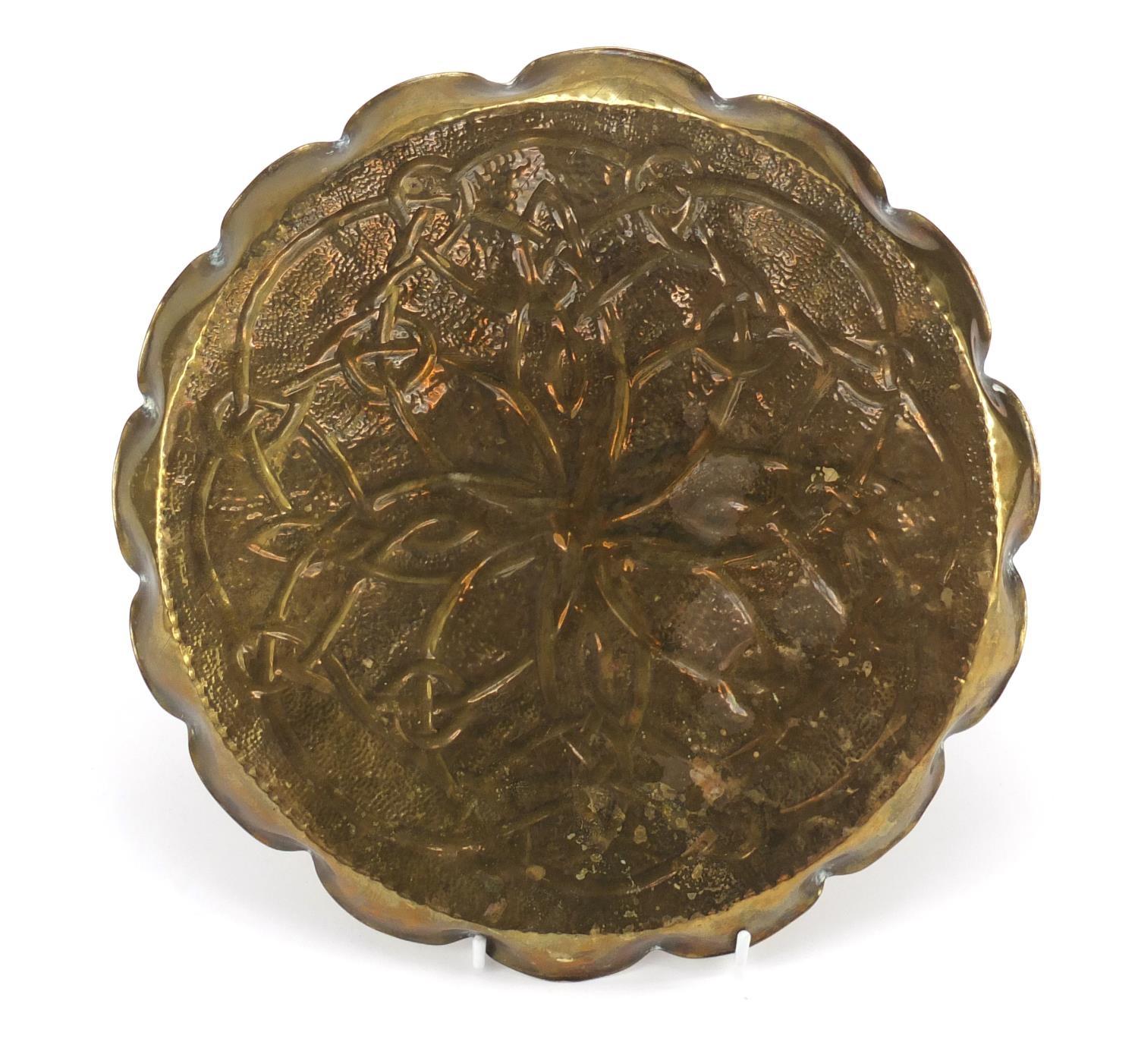 Arts & Crafts brass tray embossed with foliate motifs, 28cm in diameter : For Further Condition - Image 2 of 2