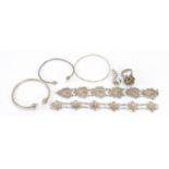 Silver jewellery including filigree bracelets, a sterling bangle marked Made in Trinidad and a