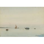 Chas Rae - Fishermen at sea with sailing boat, watercolour, mounted and framed, 25cm x 17cm : For