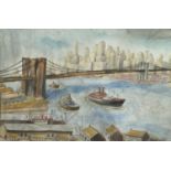 After Reginald Marsh - New York harbour, watercolour, mounted, framed and glazed, 44.5cm x 30.