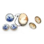 Silver mounted jewellery comprising cameo brooch and earrings and a Delft porcelain brooch and