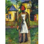 Figure with an axe before a town, Russian school oil on board, mounted and framed, 39cm x 29cm : For