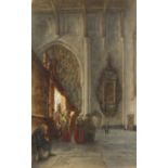 Jules Victor Genisson - Figures in a cathedral, heightened signed watercolour, mounted, framed and