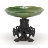 19th century nephrite topped sweetmeat dish on silver column base mounted with rams heads,