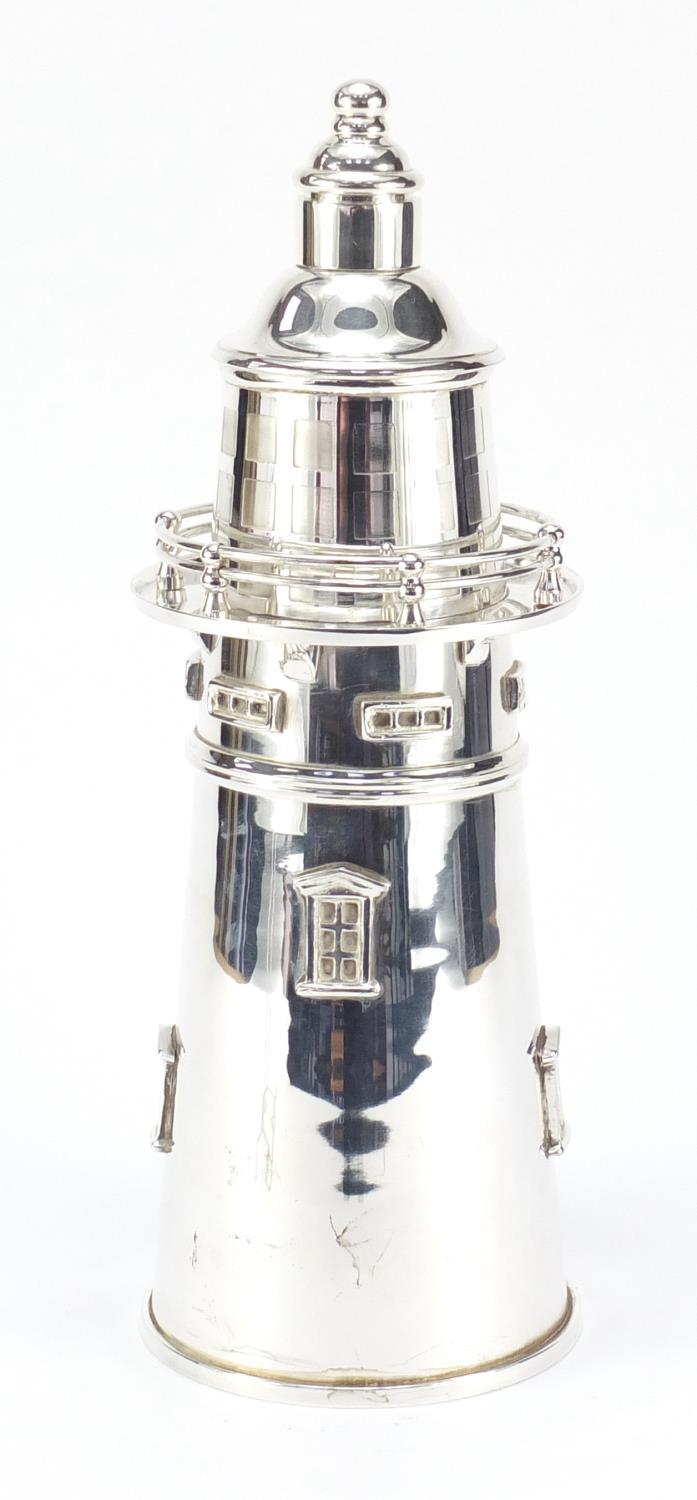 Large silver plated cocktail shaker in the form of a lighthouse, 35.5cm high : For Further Condition - Image 2 of 7