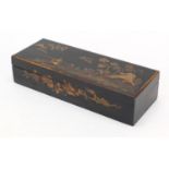 Chinese black lacquered glove box, gilded and painted with a fisherman in a landscape, 7cm H x