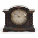 Mappin & Webb oak cased mantle clock with silvered dial having Arabic numerals, 15.5cm high : For