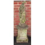 Stoneware garden figure of a maiden with column base, 109cm high : For Further Condition Reports