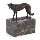 Patinated bronze greyhound raised on a rectangular marble base, 15.5cm high x 15.5cm wide : For