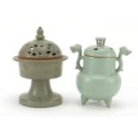 Two Korean celadon pottery incense burners with covers, the largest 15cm high : For Further