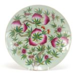 Chinese celadon glaze porcelain plate hand painted in the famille rose palette with bats amongst