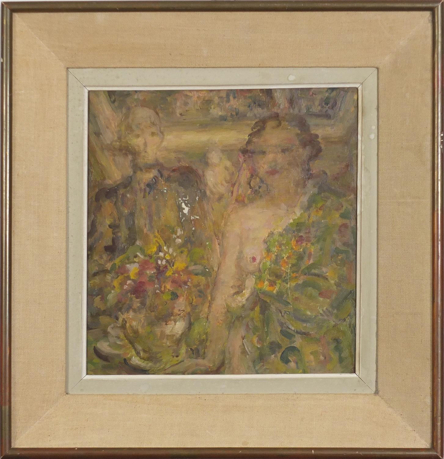 Nude female and one other, German school oil on board, mounted, mounted and framed, 33cm x 31. - Image 2 of 4