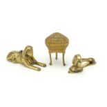 Metalware including a gilt casket, golfing interest door knocker and Egyptian brass sphinx with