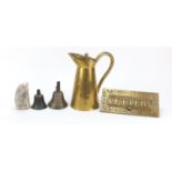 Sundry items including an Art Nouveau style brass letter box, two antique bells and a scrimshaw