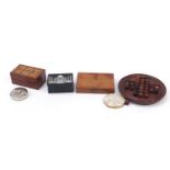 Sundry items including a solitaire board, inlaid folding cribbage board, mother of pearl inlaid