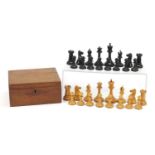 Staunton chessmen boxwood and ebony chess set by Jacques & Son of London with a mahogany case, label