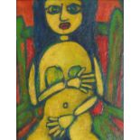 Surreal seated figure, oil on board, mounted and framed, 24cm x 18.5cm : For Further Condition