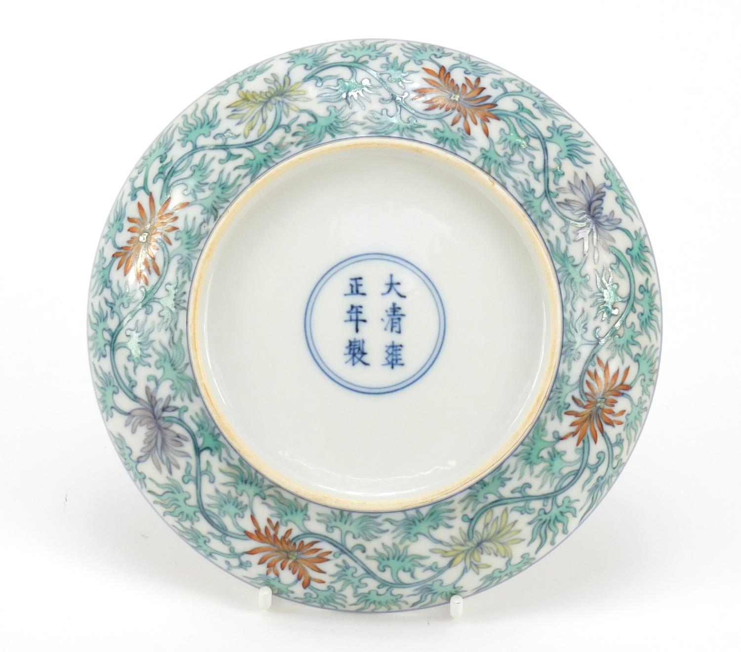 Chinese doucai porcelain dish, hand painted with flowers amongst scrolling foliage, six figure - Image 3 of 6