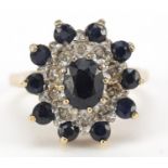 9ct gold diamond and sapphire cluster ring, size M, 4.7g : For Further Condition Reports Please