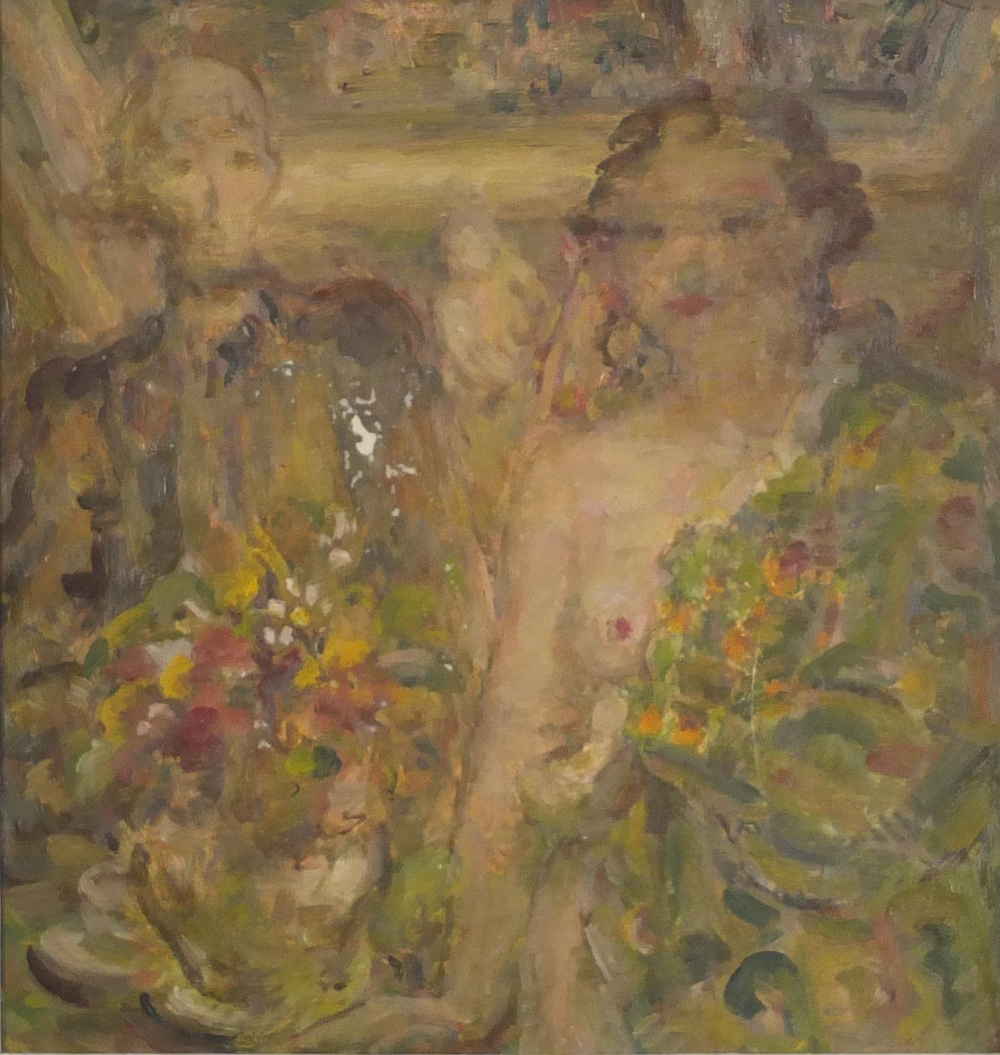 Nude female and one other, German school oil on board, mounted, mounted and framed, 33cm x 31.
