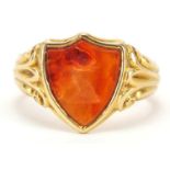 Victorian 18ct gold carnelian intaglio seal ring with scrolled shoulders, hallmarked London 1905,