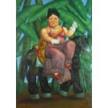 Manner of Fernando Botero - Female on horse back, Colombian school oil on board, mounted and framed,