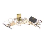 Costume jewellery and objects including tie clips, wristwatches and 9ct rolled gold bangle : For