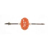 Chinese 9ct white gold coral and pearl bar brooch, carved with flowers, 5cm in length, 2.6g : For