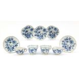 Meissen porcelain hand painted in the blue onion pattern comprising two fluted cups with saucers,