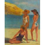 After Pino Daeni - Three bathers, Italian school oil on board, framed, 73cm x 57.5cm : For Further