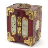 Chinese hardwood three drawer jewellery chest with carved jade panels and brass mounts,18cm high :