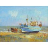 Sheila Goodman - Fishing boats, Hastings, pastel, label verso, mounted, framed and glazed, 30.5cm