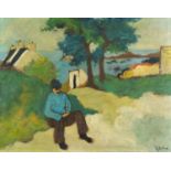 Manner of Gerard Dillon - Figure before cottages and the sea, Irish school oil on board, framed,