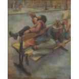 Attributed to Norman Cornish - Street life, oil on canvas, inscribed verso, framed, 80cm x 64cm :
