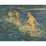 Children playing in water, Post-Impressionist oil on canvas, bearing an indistinct signature
