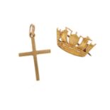 9ct gold Naval Crown brooch and a 9ct gold cross pendant, the largest 2cm in length, 2.6g : For