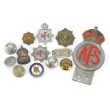 Fire Brigade memorabilia including badges, buttons and a Auxiliary Fire Service car badge : For