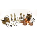 19th century and later metalware including brass scuttles, three branch candelabra, fire tools and