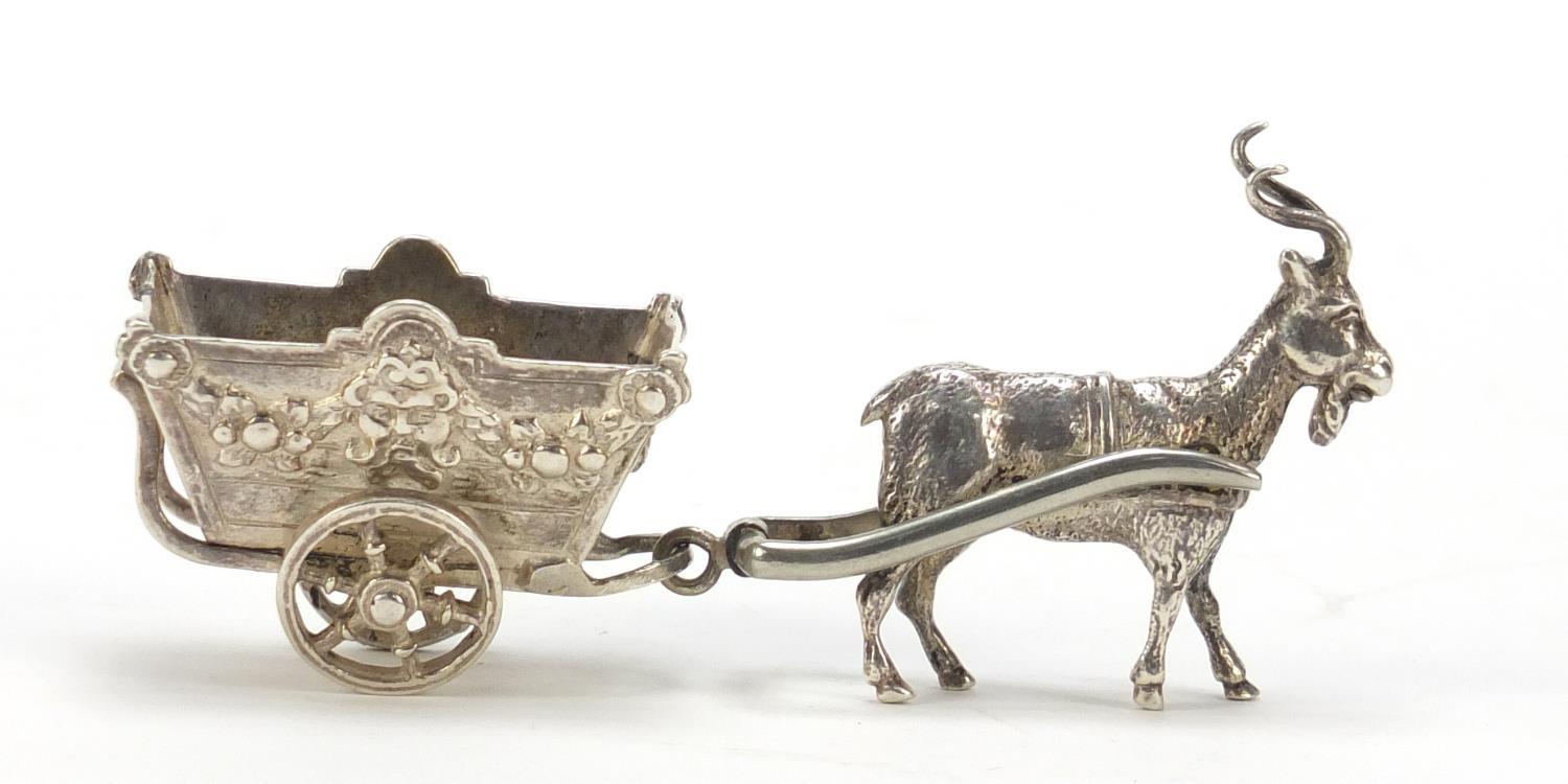 German silver model of goat pulling a cart with rotating wheels, impressed to the base, 11cm in - Image 4 of 8