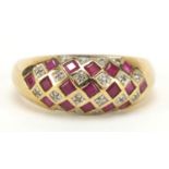 9ct gold diamond and ruby four row cluster ring, size Q, 2.8g : For Further Condition Reports,