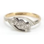 9ct and platinum three diamond crossover ring, size J, 1.9g : For Further Condition Reports,