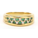 18ct gold diamond and emerald two row half eternity ring, size N, 6.7g : For Further Condition