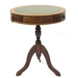 Mahogany drum table with tooled leather top, 60.5cm high x 51cm in diameter : For Further