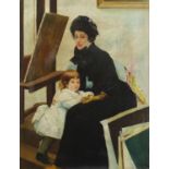 Mother with child in an interior, Continental school oil on canvas laid on board, mounted and
