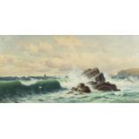 Edward Moore 1896 - Coastal scene with boats and waves crashing, 19th century oil on canvas, framed,