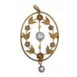 Art Nouveau 9ct gold blue stone and seed pearl pendant, 4cm in length, 1.9g : For Further