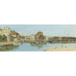 Jas R Richardson - Boats in a harbour, Cornish school oil on board, framed, 95cm x 34cm : For