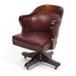 Mahogany revolving desk chair with brown leather upholstered seat and back, 82cm high : For