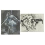 Two Ballerinas, two modern British charcoal mixed medias, each mounted, framed and glazed, the